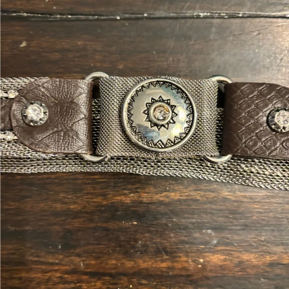 Western flair Studded Brown Leather Belt with mesh metal and crystal